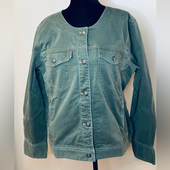 Army Olive Green Denim-Style Shacket Women XL Stretch Buttons Pockets Comfort - Picture 4 of 10